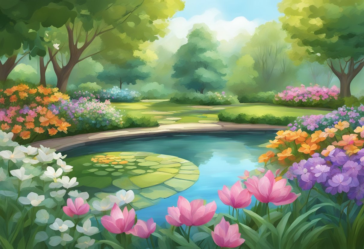 Jardim sereno com lago tranquilo cercado por vegetação exuberante