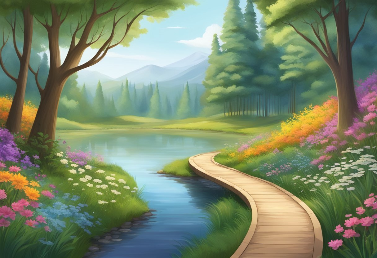 Floresta serena com caminho sinuoso cercado por flores silvestres coloridas