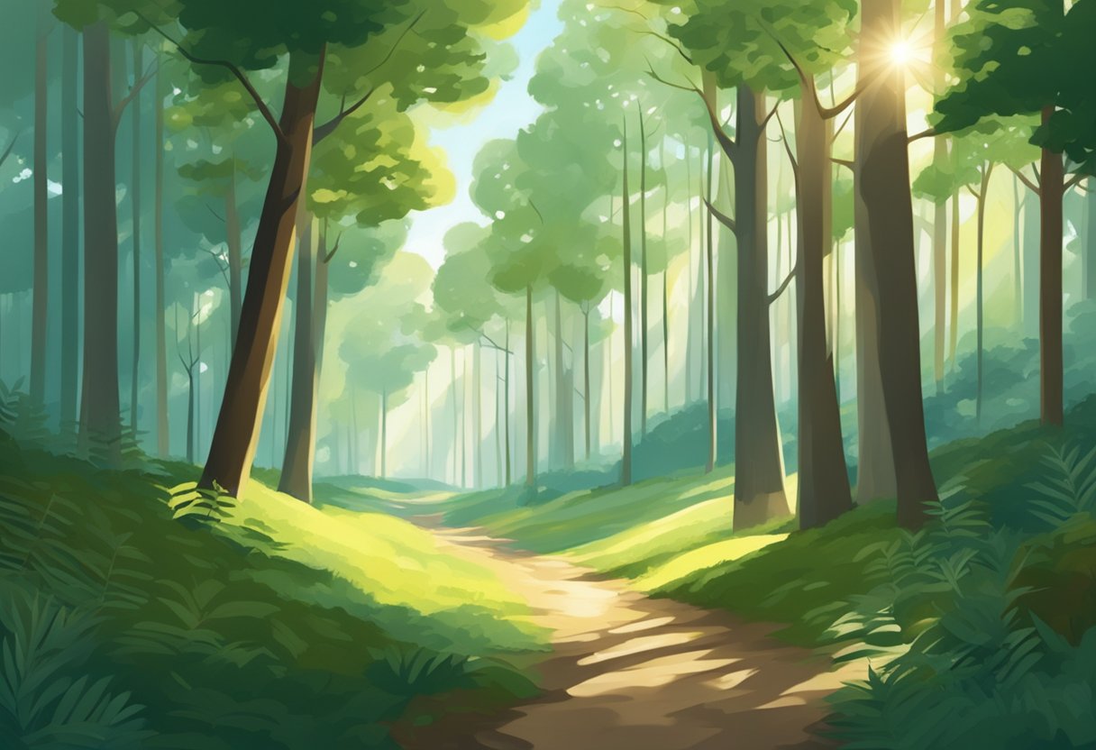 Floresta serena com luz solar filtrada pelas árvores transmitindo paz e tranquilidade
