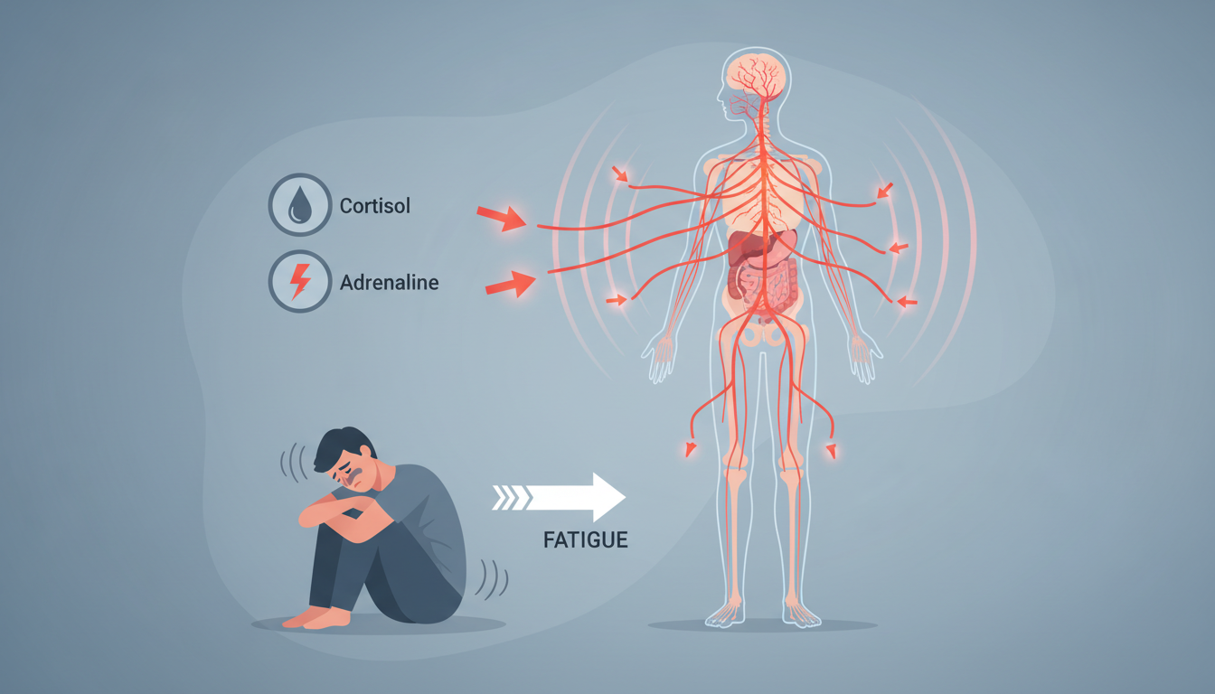 Ilustração de como a resposta de lutar ou fugir com cortisol e adrenalina leva à fadiga ansiedade