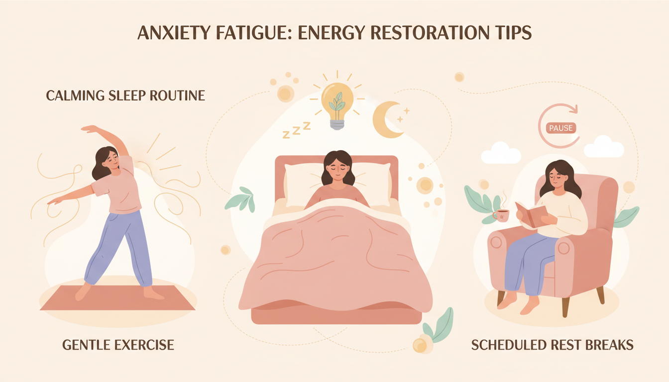Infográfico de três painéis mostrando ansiedade dicas de gerenciamento de fadiga, incluindo exercícios leves, rotina de sono e pausas para descanso