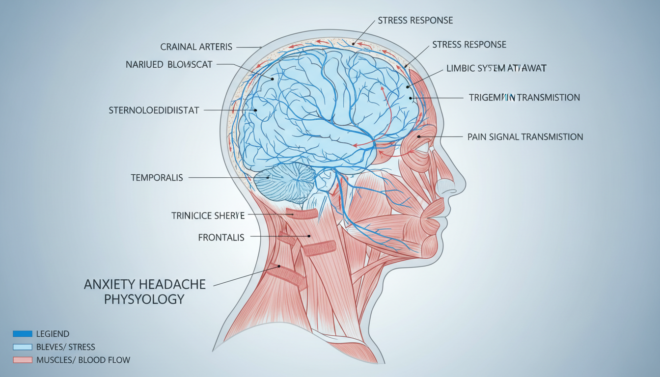 Ilustração anatômica de como ansiedade causa dores de cabeça por meio de tensão muscular, constrição de vasos sanguíneos e sinais nervosos