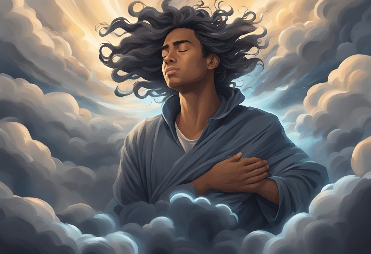 Pessoa cercada por nuvens escuras com uma luz tranquilizadora brilhando de cima