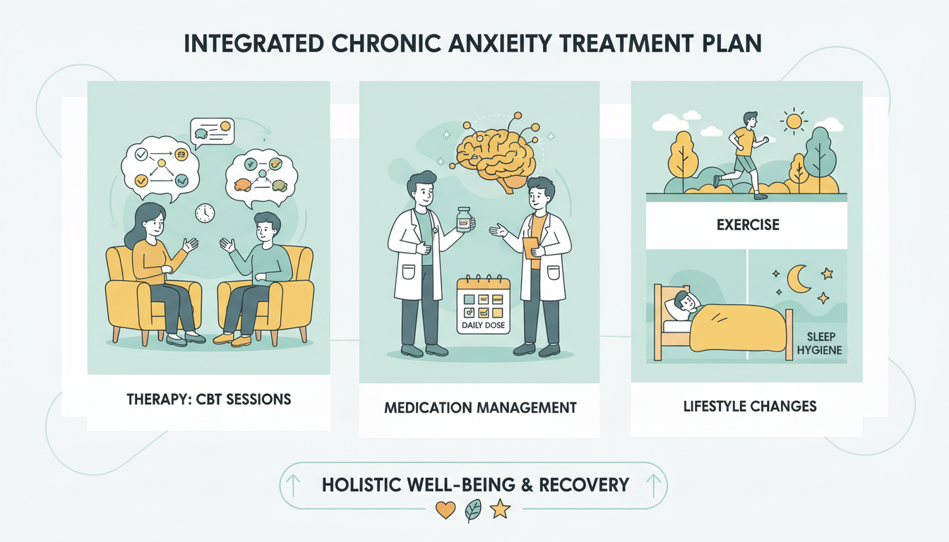 Plano de tratamento crónico ansiedade integrado, incluindo TCC (Terapia Cognitivo-Comportamental) psicoterapia, gerenciamento de medicamentos e mudanças no estilo de vida