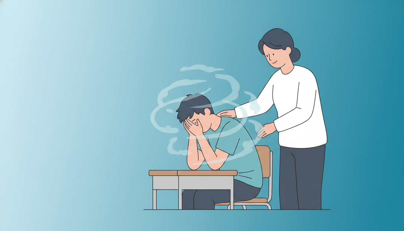 Ilustração de um adolescente vivenciando ansiedade na escola com um adulto que o apoia oferecendo conforto