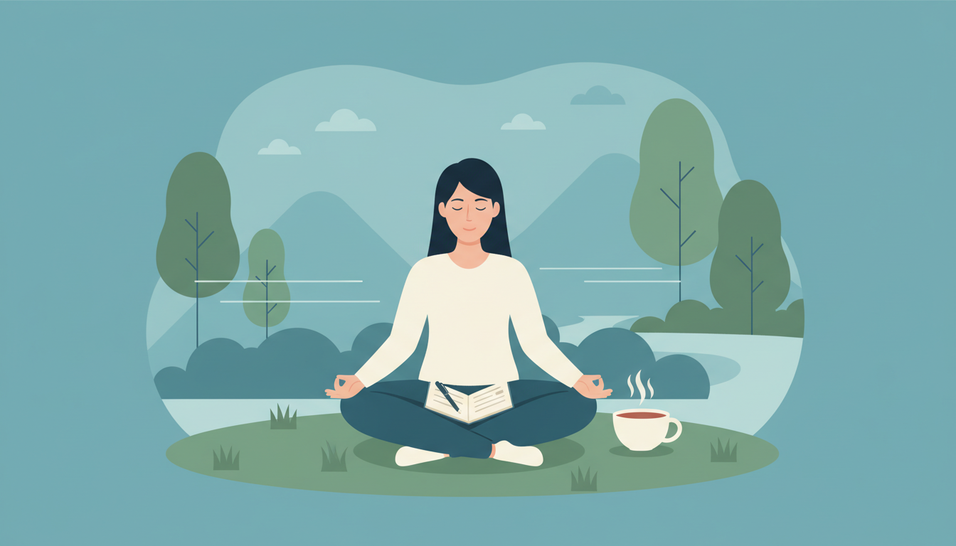 Ilustração de uma pessoa praticando mindfulness ao ar livre com um diário e uma chávena de chá