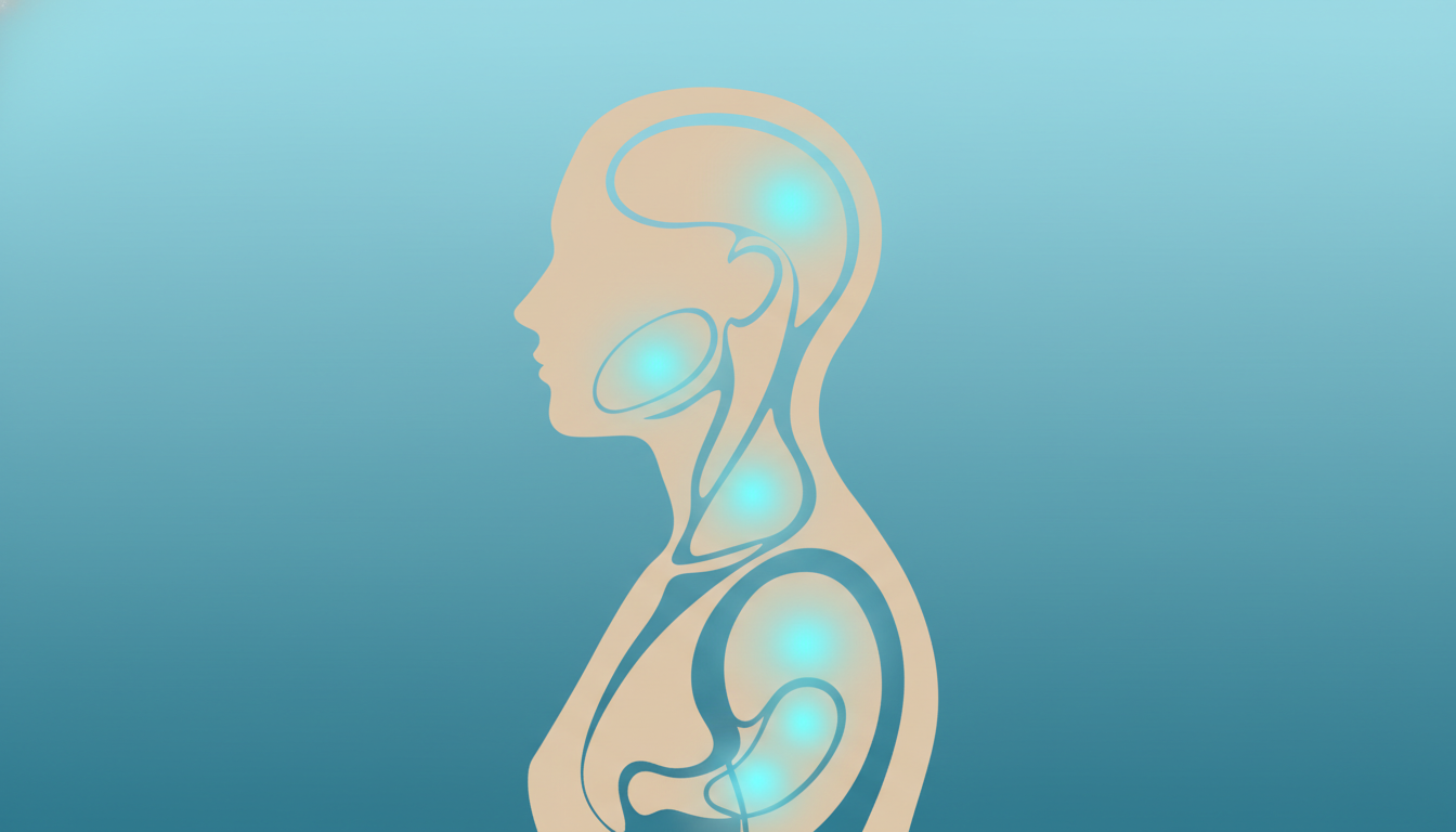 Ilustração mostrando áreas destacadas do corpo afetadas pelos sintomas de ansiedade
