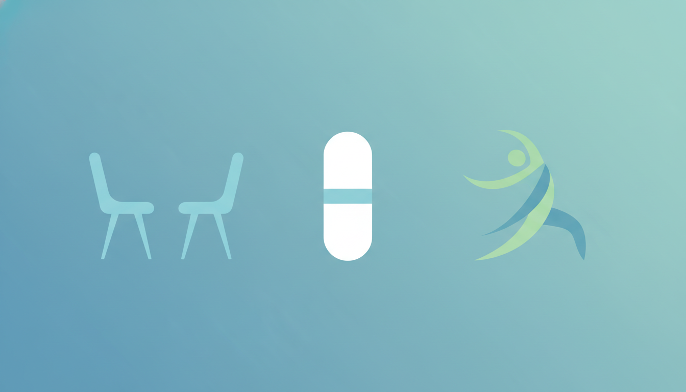 Ilustração mostrando três abordagens de tratamento Transtorno de Ansiedade Generalizada (TAG): psicoterapia cadeiras, cápsula de medicação e exercício