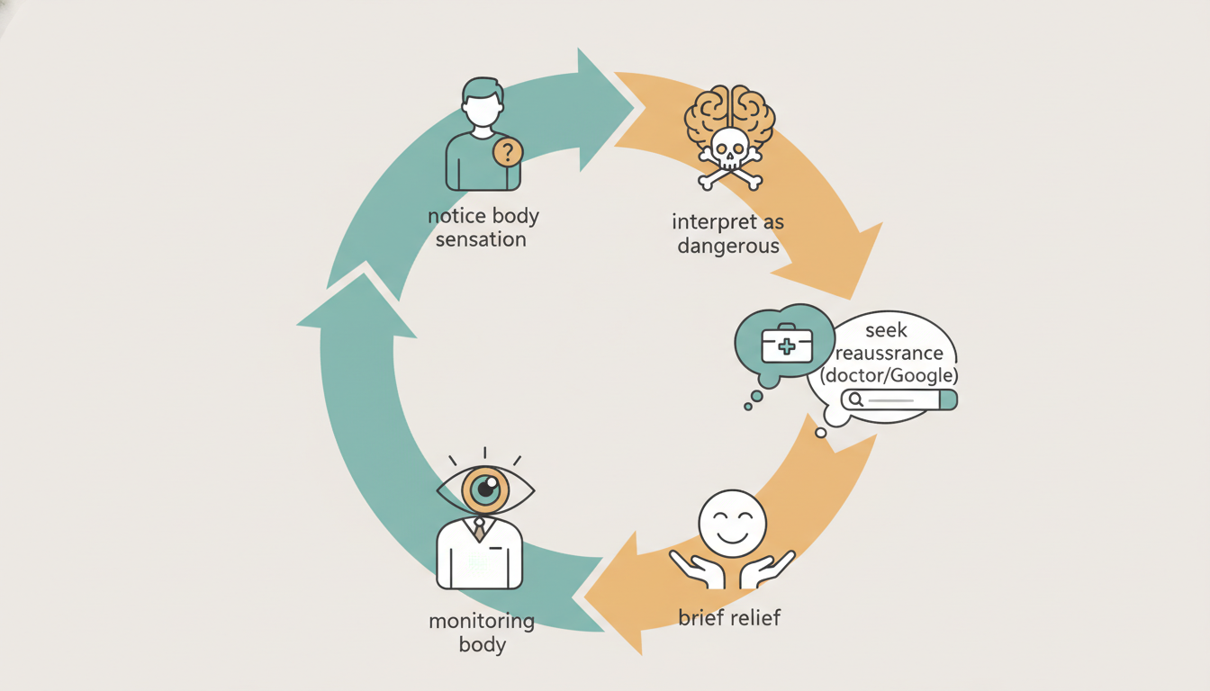 Diagrama circular mostrando o ciclo de saúde ansiedade, da sensação corporal à interpretação catastrófica e à busca de garantias