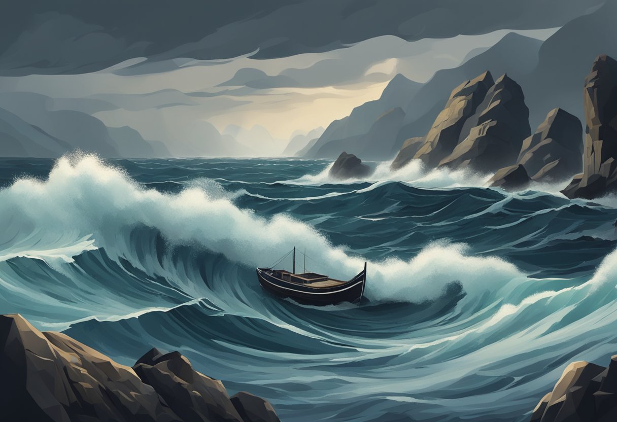 Mar tempestuoso com nuvens escuras acima e um barco solitário lutando para se manter à tona