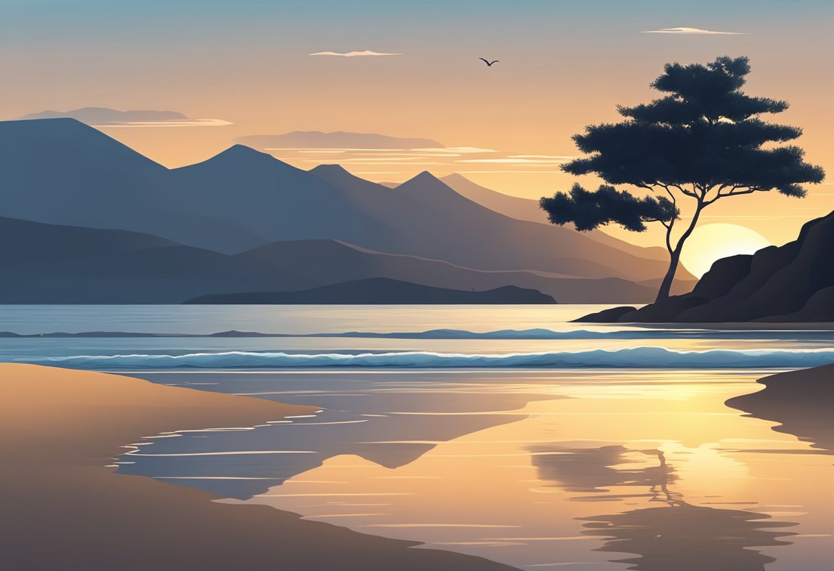 Praia serena ao pôr do sol com ondas calmas e árvore solitária na costa