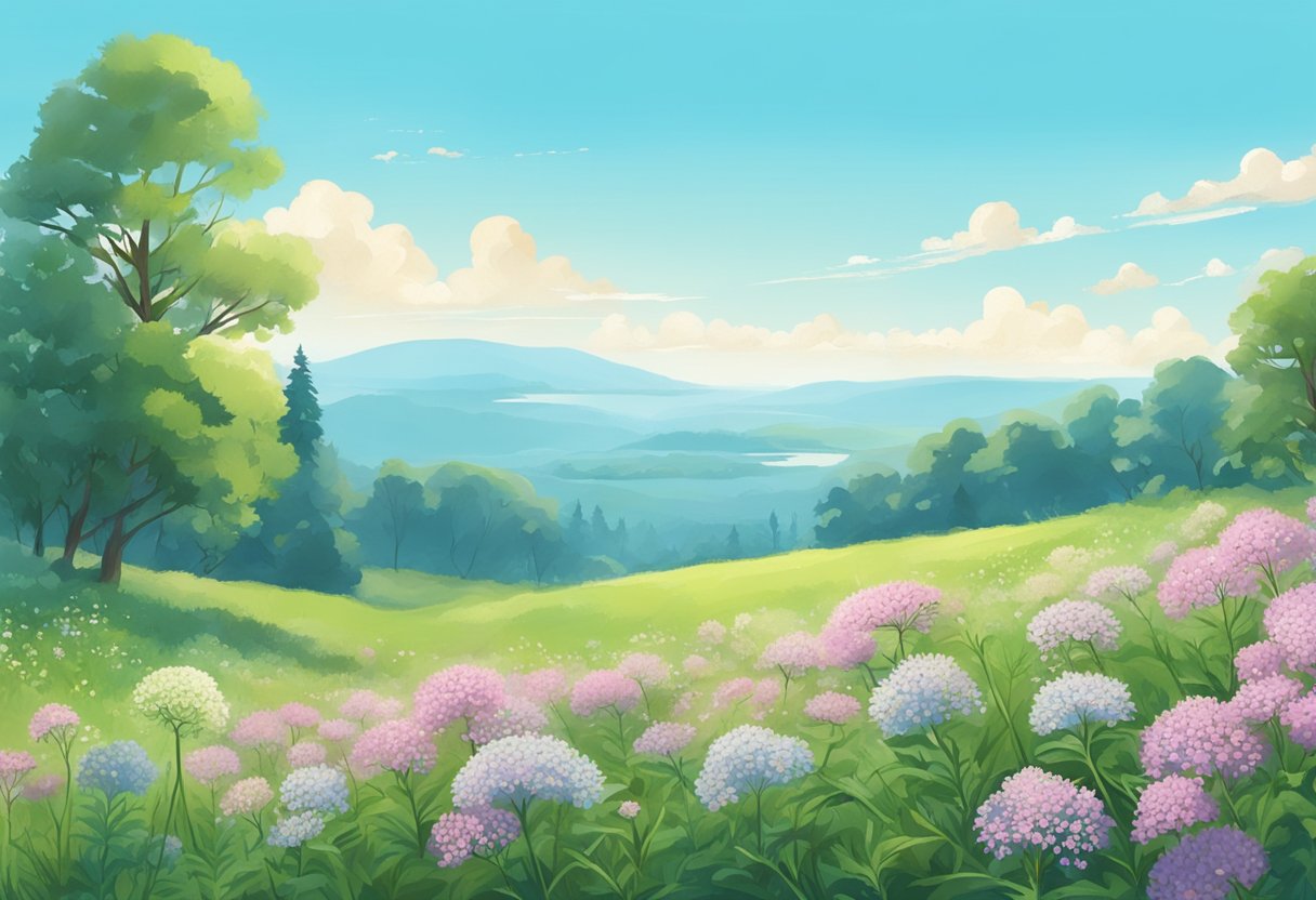 Prado sereno com flores de valeriana florescendo sob um céu azul